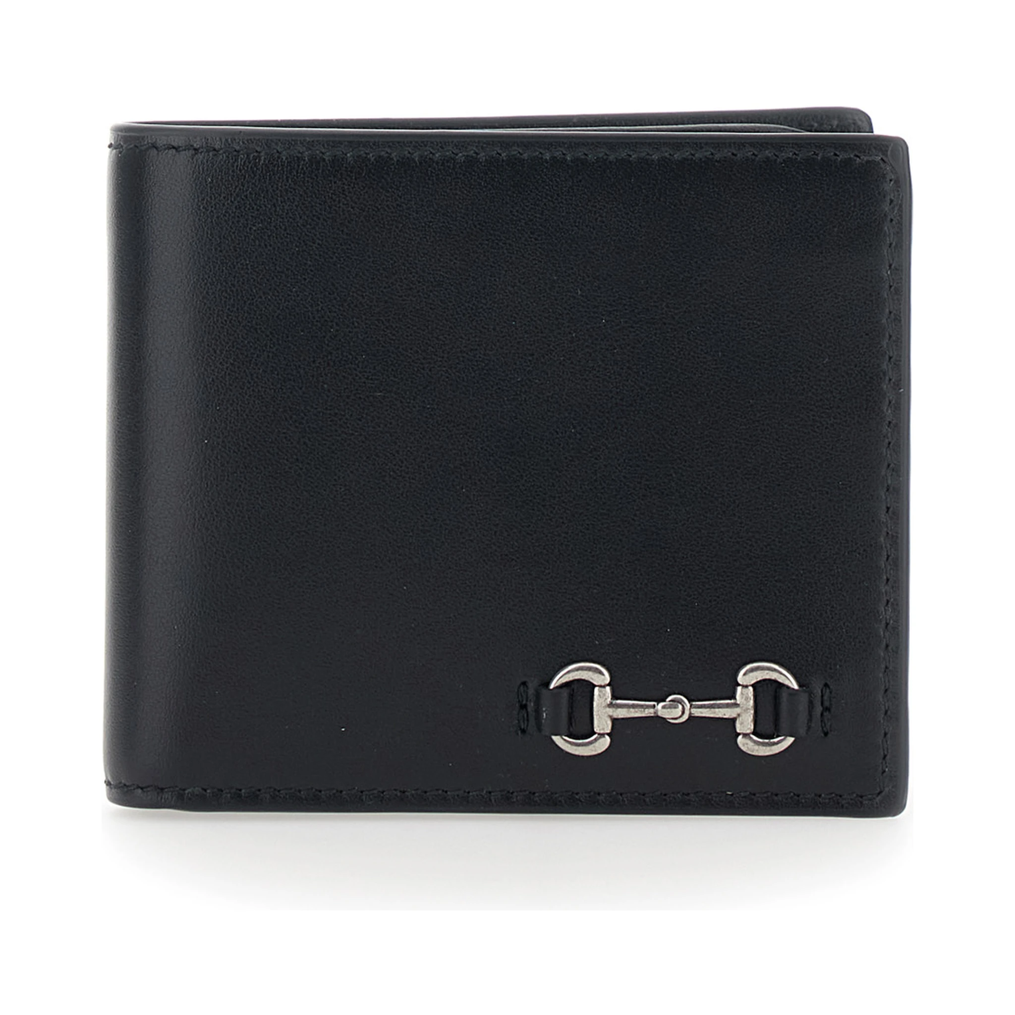 Black Bi-Fold Wallet with Horsebit on the Front and Embossed Logo on the Inside in Leather Man