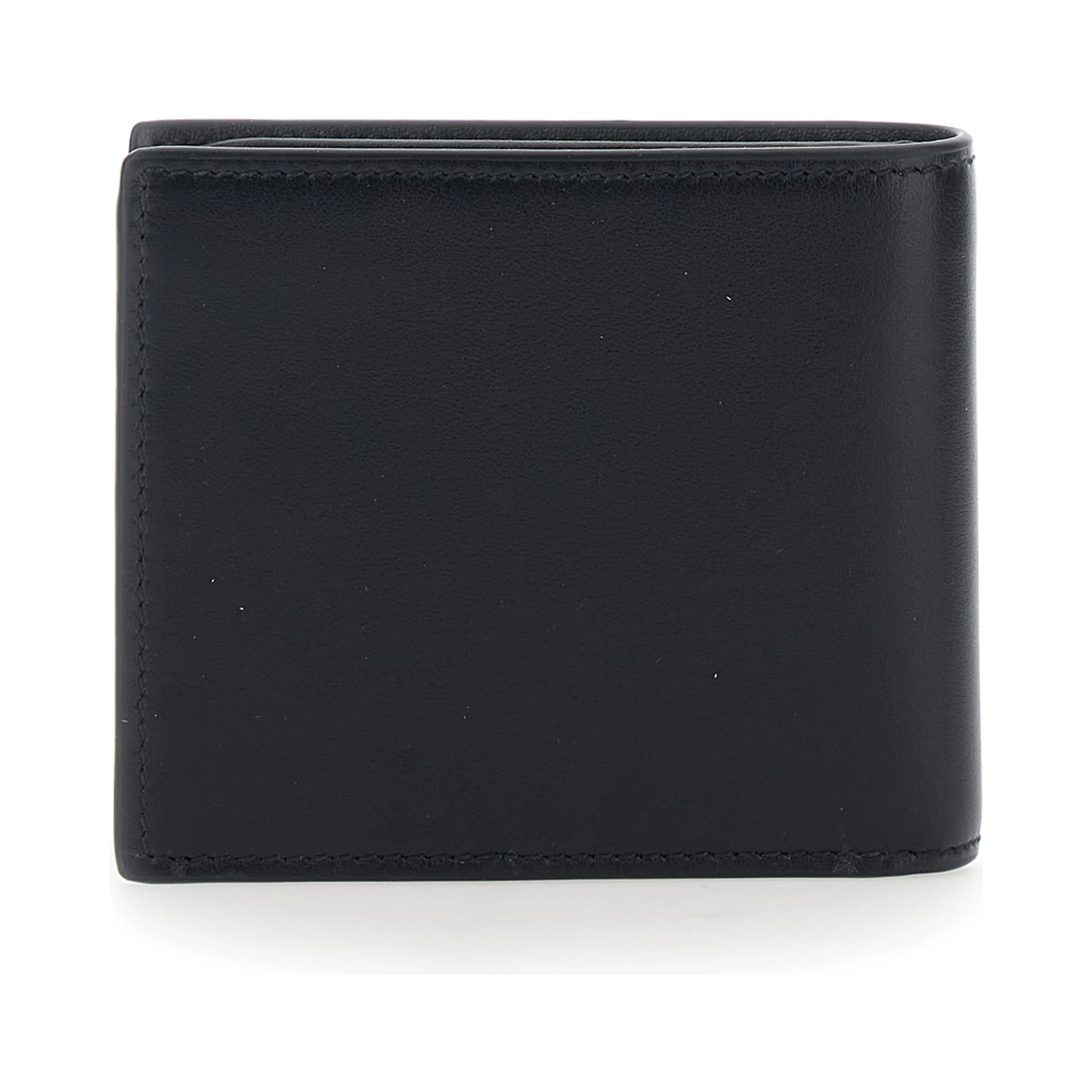 Black Bi-Fold Wallet with Horsebit on the Front and Embossed Logo on the Inside in Leather Man