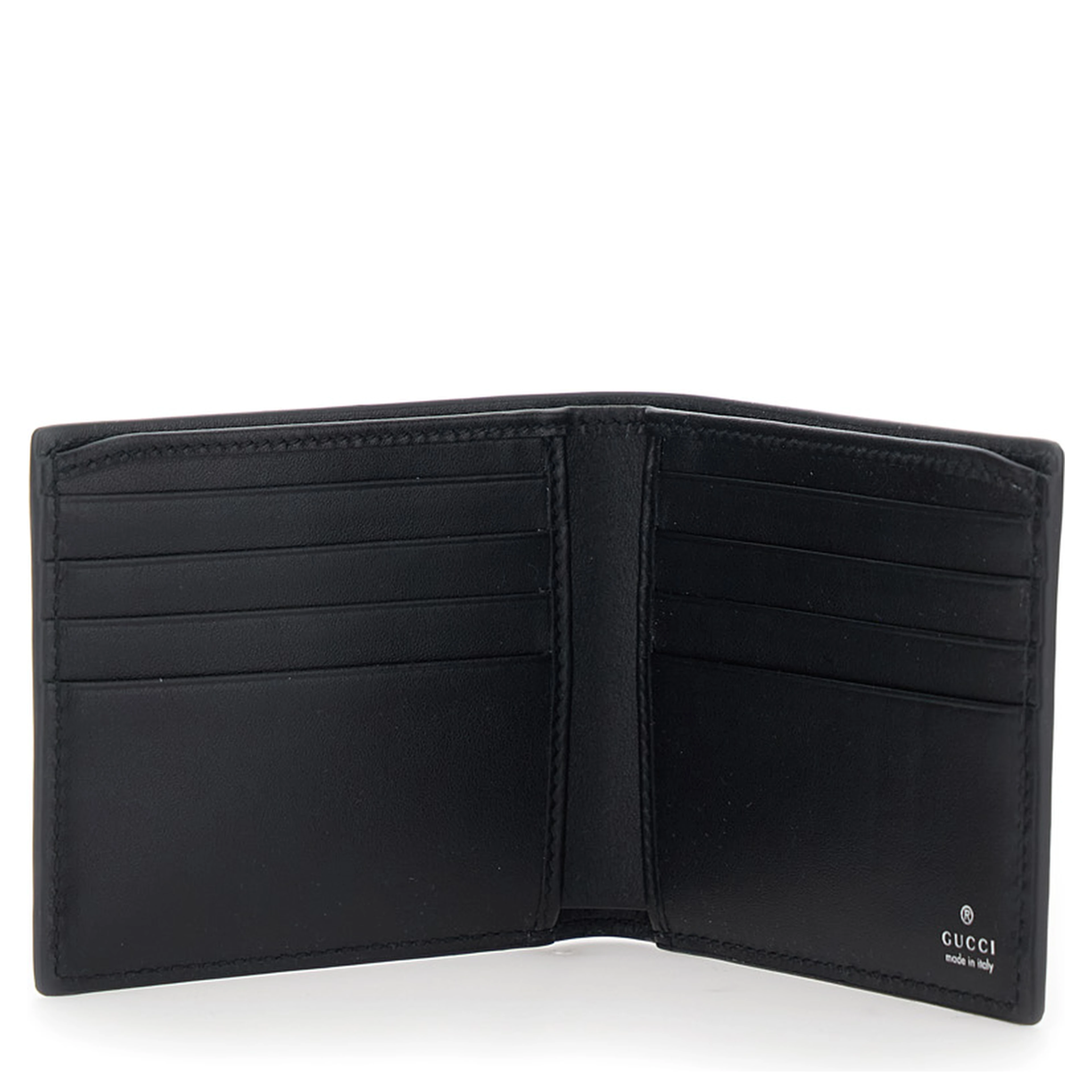 Black Bi-Fold Wallet with Horsebit on the Front and Embossed Logo on the Inside in Leather Man