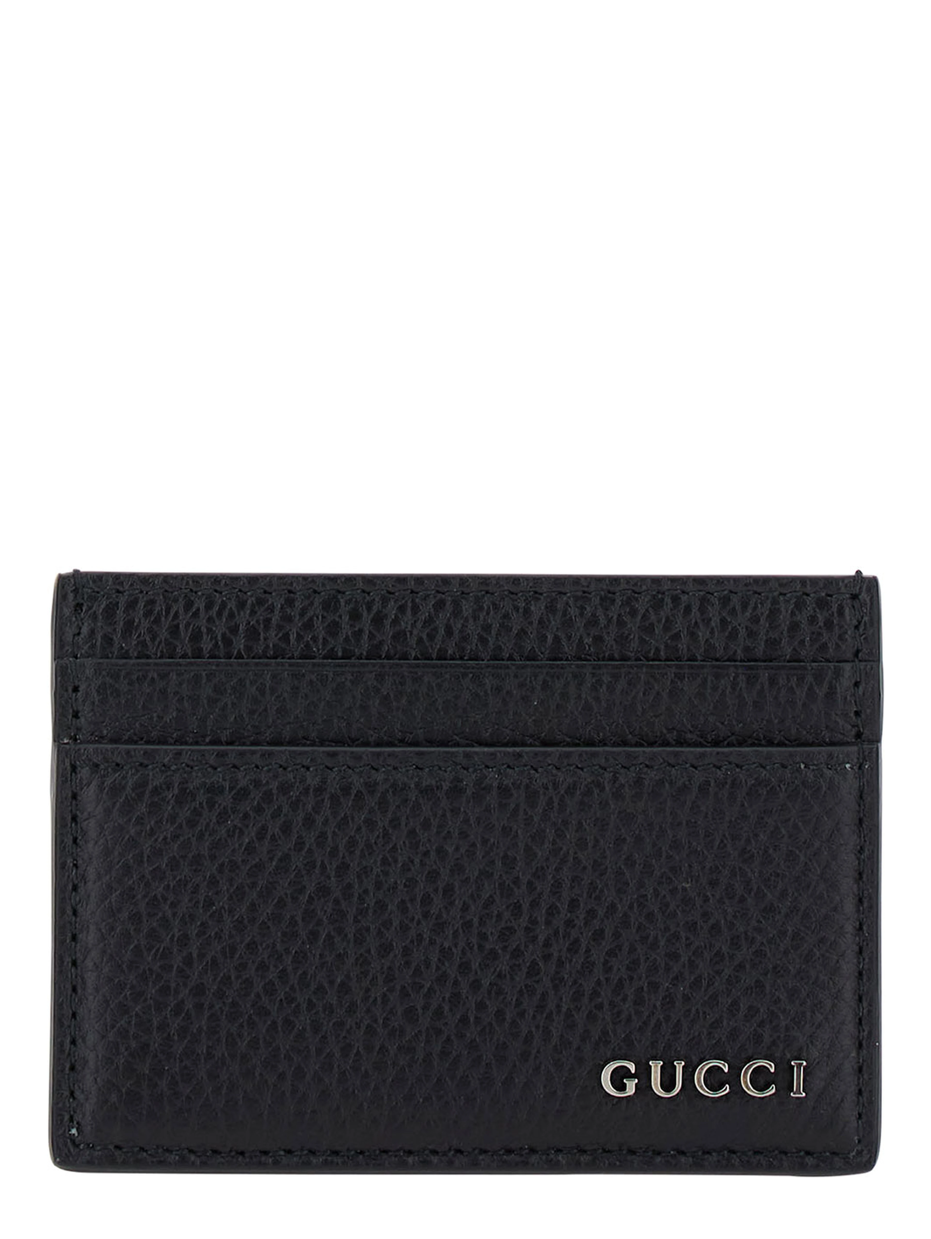 Black Card-Holder with Logo Detail in Hammered Leather Man