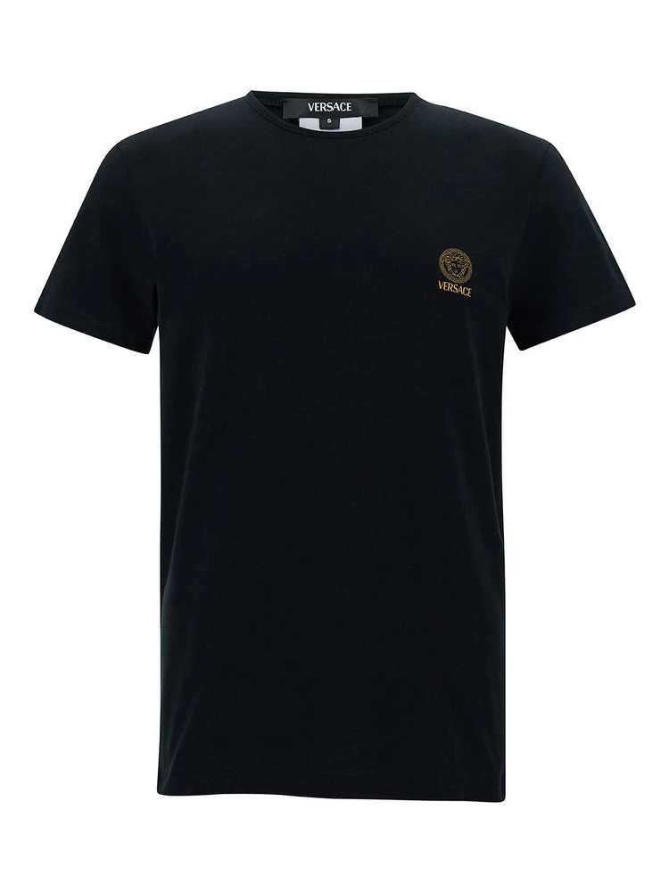 Black Crewneck T-Shirt with Medusa Logo Print in Stretch Cotton Man