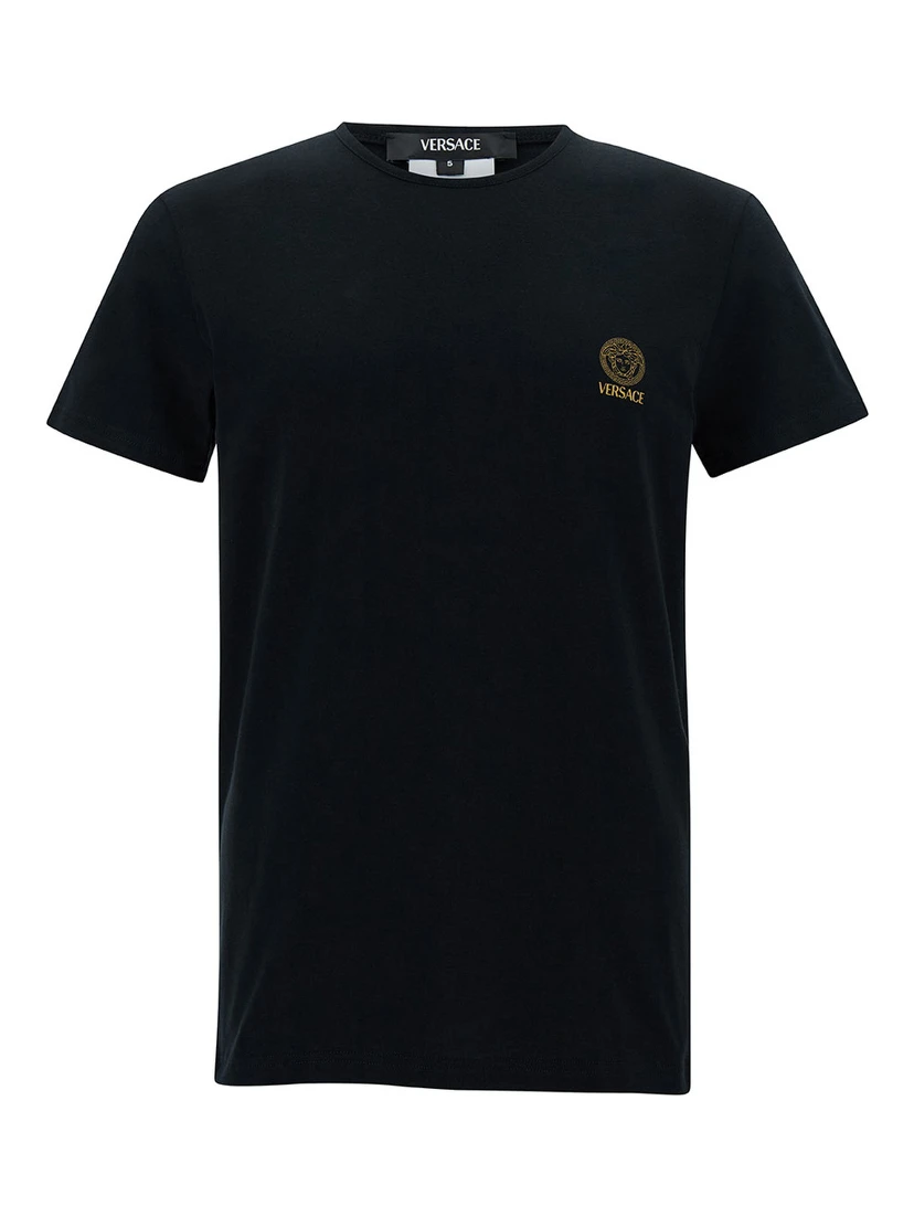Black Crewneck T-Shirt with Medusa Logo Print in Stretch Cotton Man