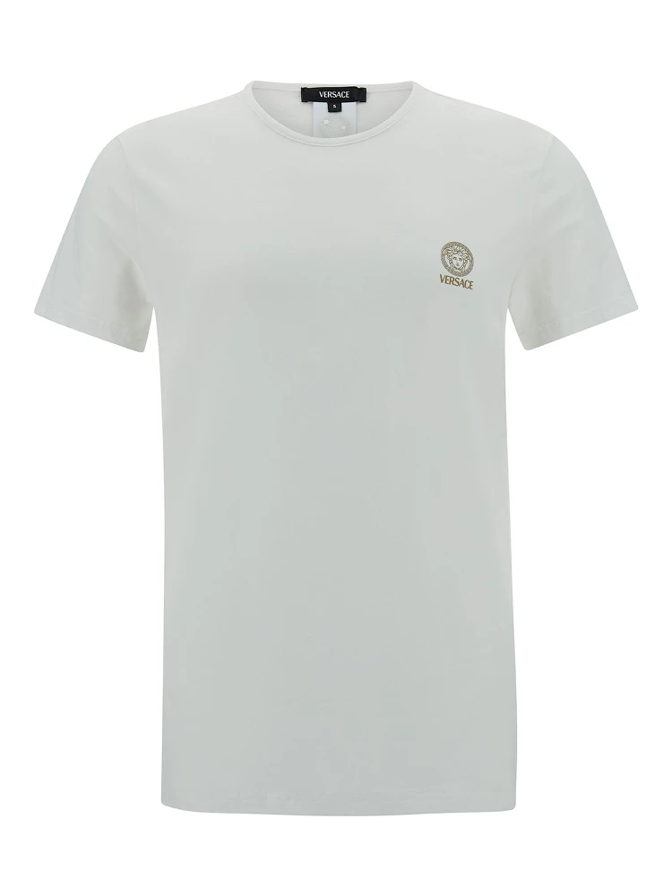 White Crewneck T-Shirt with Medusa Print on the Front in Cotton Stretch Man