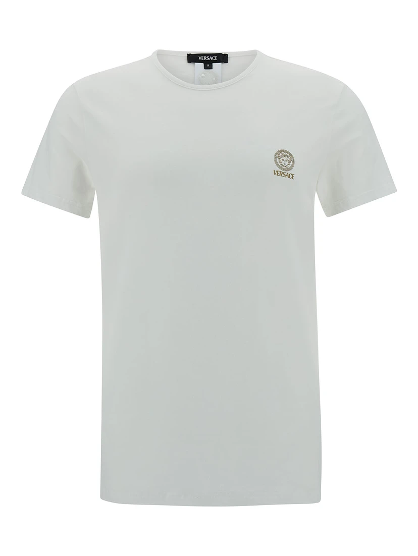 White Crewneck T-Shirt with Medusa Print on the Front in Cotton Stretch Man