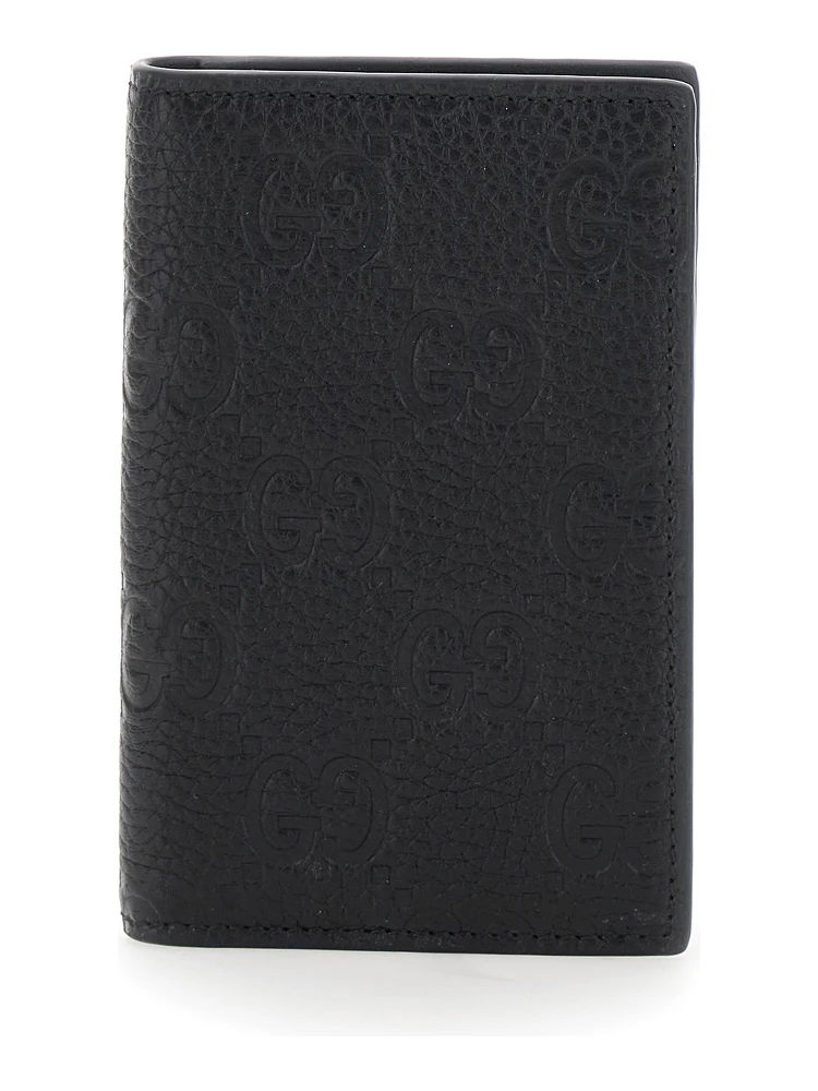 Black Bi-Fold Wallet with Vertical Design in GG Granied Leather Man
