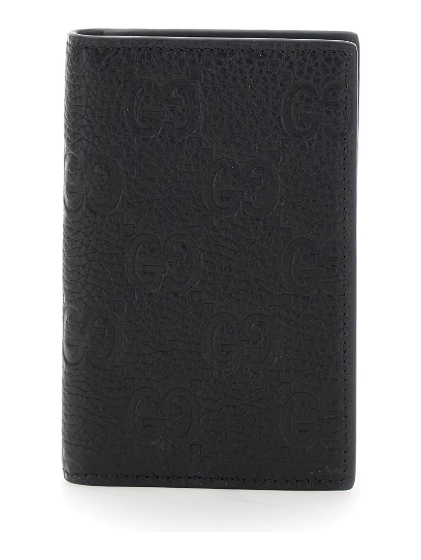 Black Bi-Fold Wallet with Vertical Design in GG Granied Leather Man