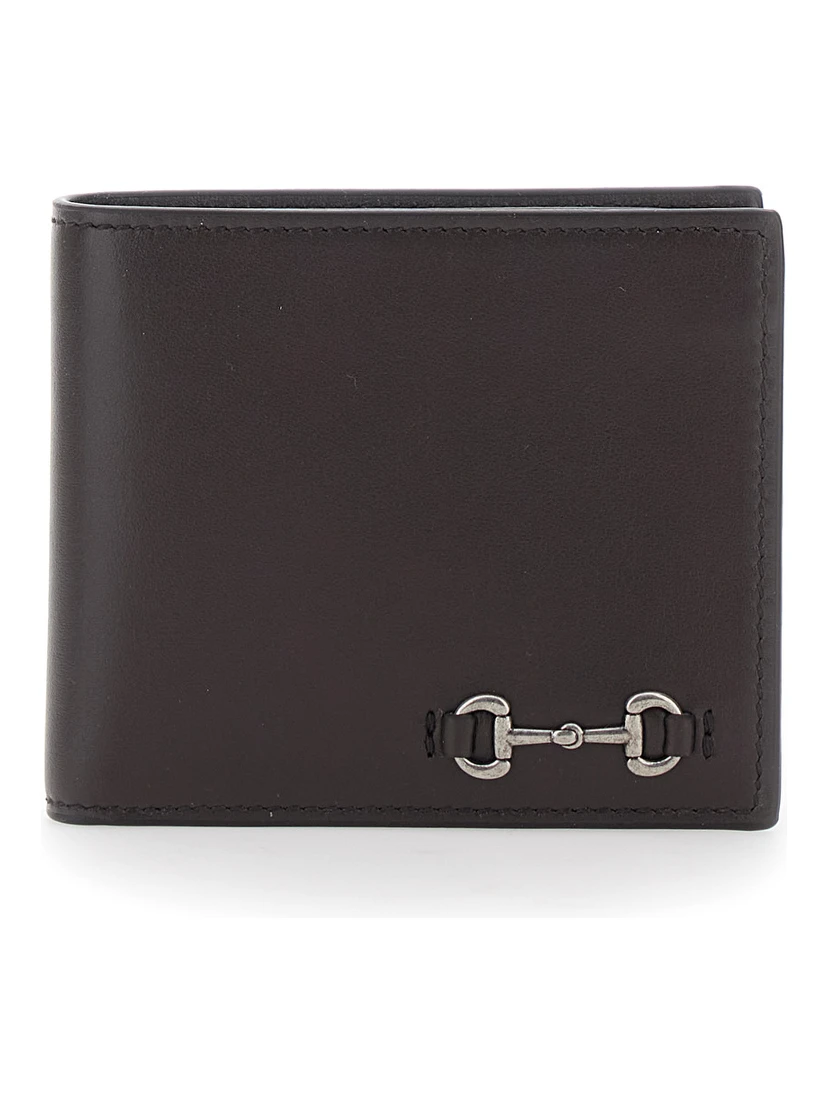 Brown Bi-Fold Wallet with Horsebit on the Front and Embossed Logo on the Inside in Leather Man