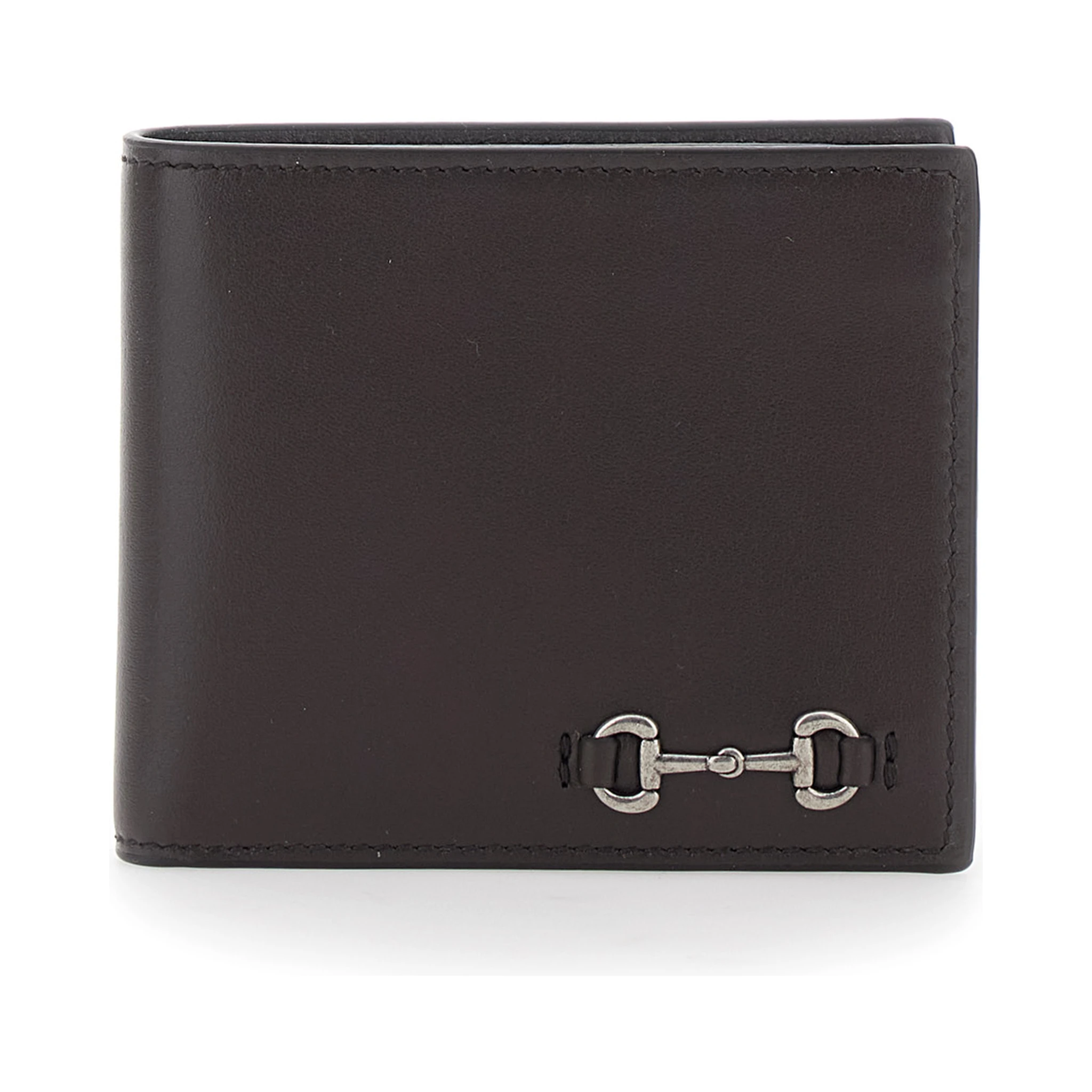 Brown Bi-Fold Wallet with Horsebit on the Front and Embossed Logo on the Inside in Leather Man