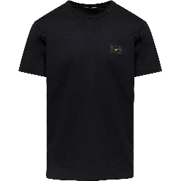 Black T-Shirt with Logo Tag Detail on the Front in Cotton Man