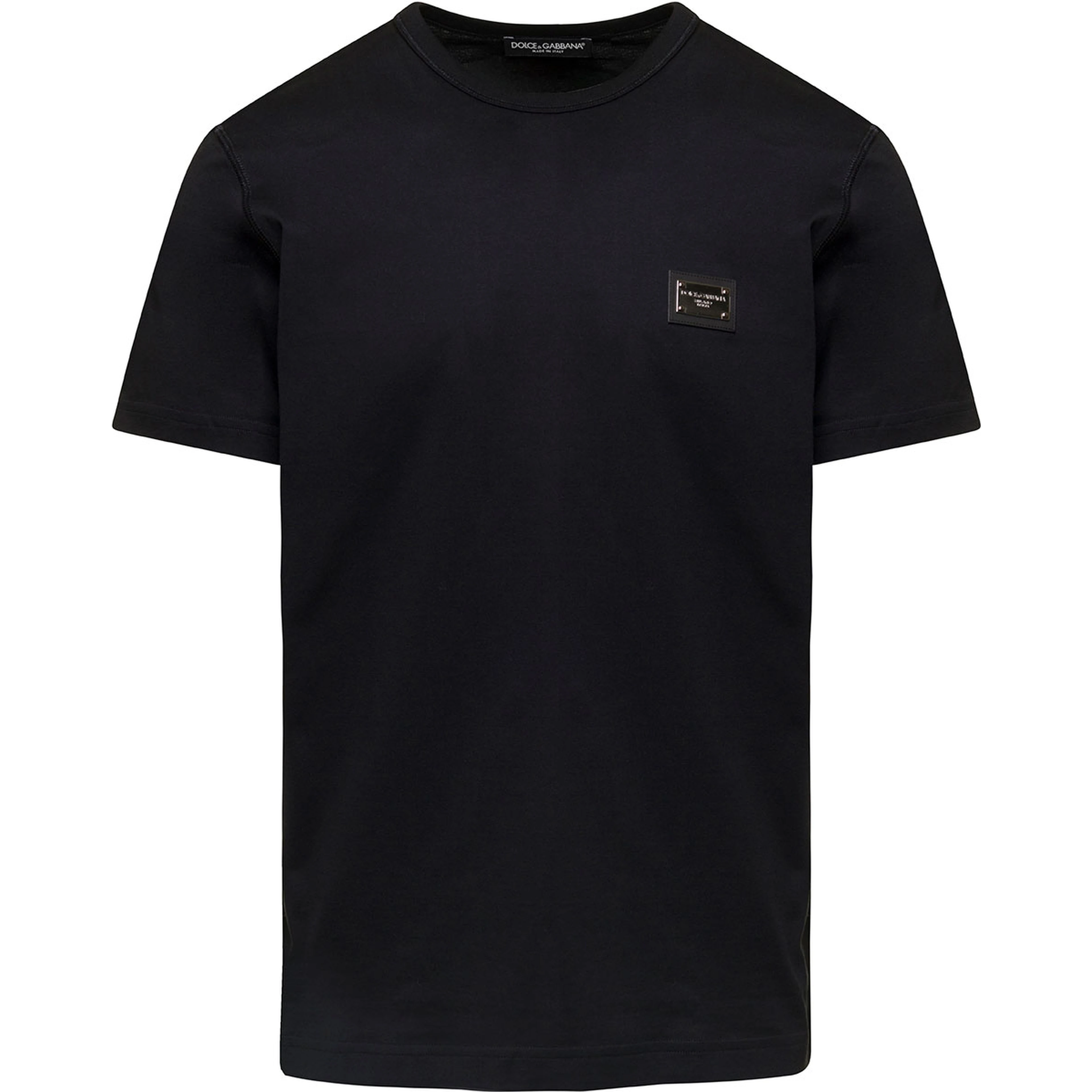 Black T-Shirt with Logo Tag Detail on the Front in Cotton Man