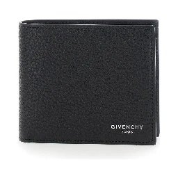 Black Bi-Fold Wallet with Logo Lettering on the Front in Grained Leather Man