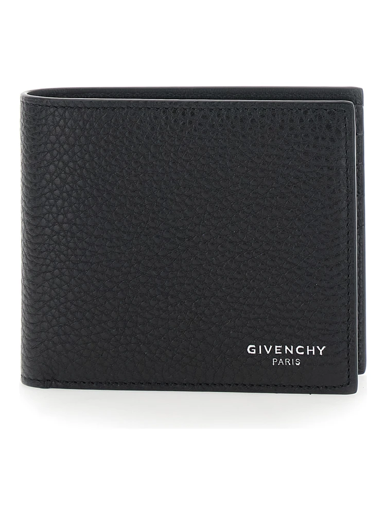 Black Bi-Fold Wallet with Logo Lettering on the Front in Grained Leather Man