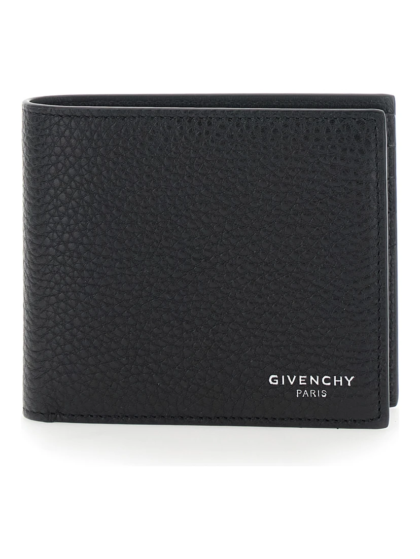 Black Bi-Fold Wallet with Logo Lettering on the Front in Grained Leather Man