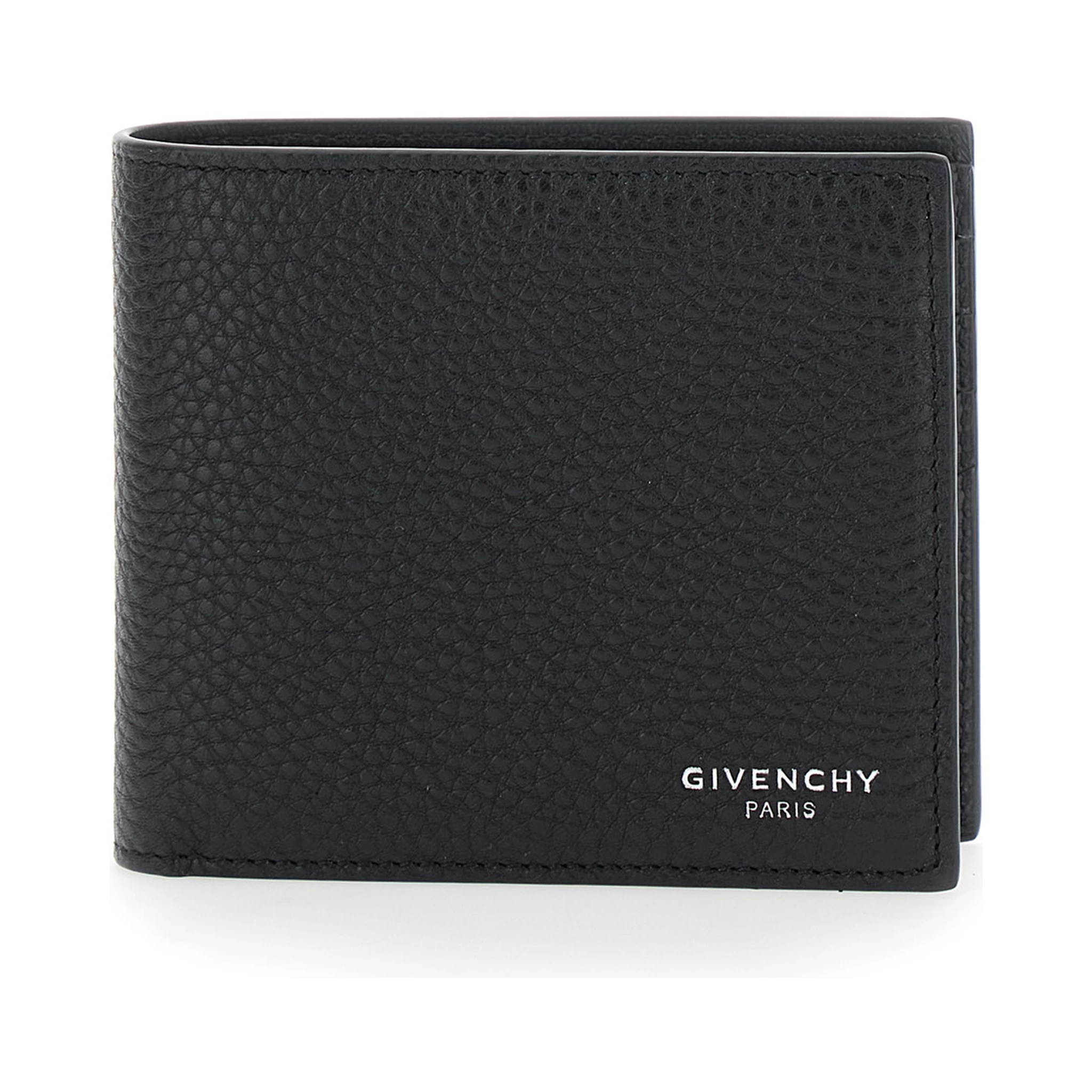 Black Bi-Fold Wallet with Logo Lettering on the Front in Grained Leather Man