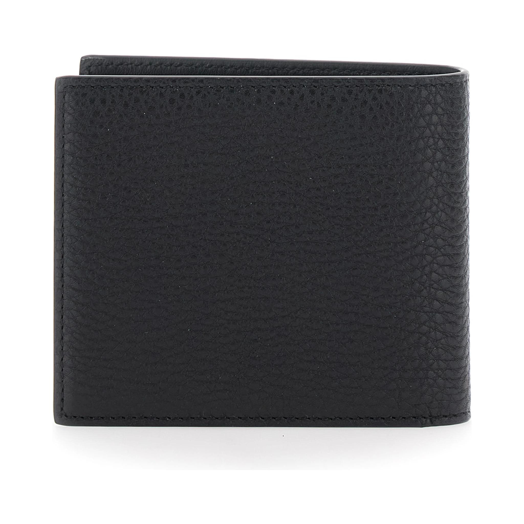 Black Bi-Fold Wallet with Logo Lettering on the Front in Grained Leather Man