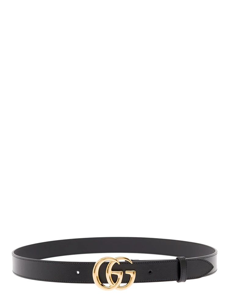 Gucci Mans Black Leather Belt with GG Golden Metal Buckle
