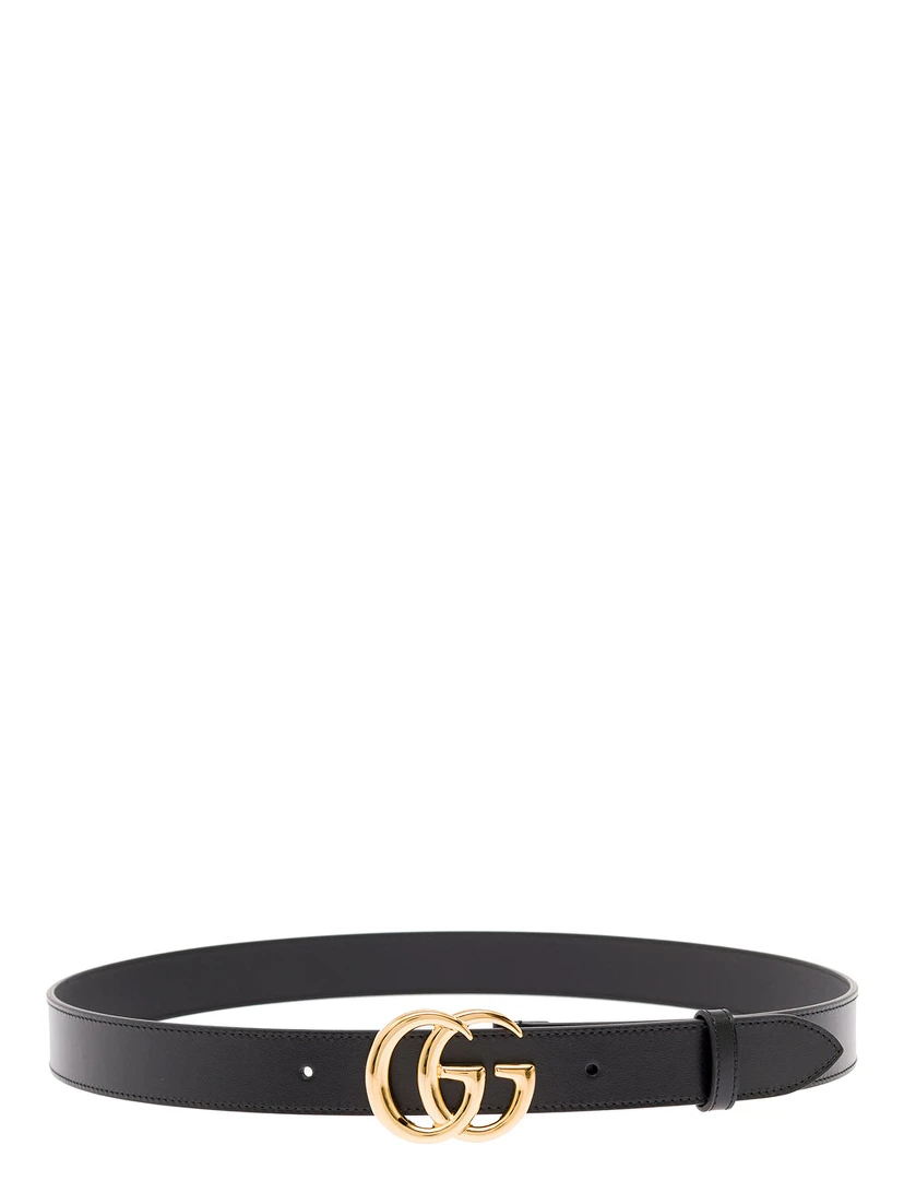 Gucci Mans Black Leather Belt with GG Golden Metal Buckle