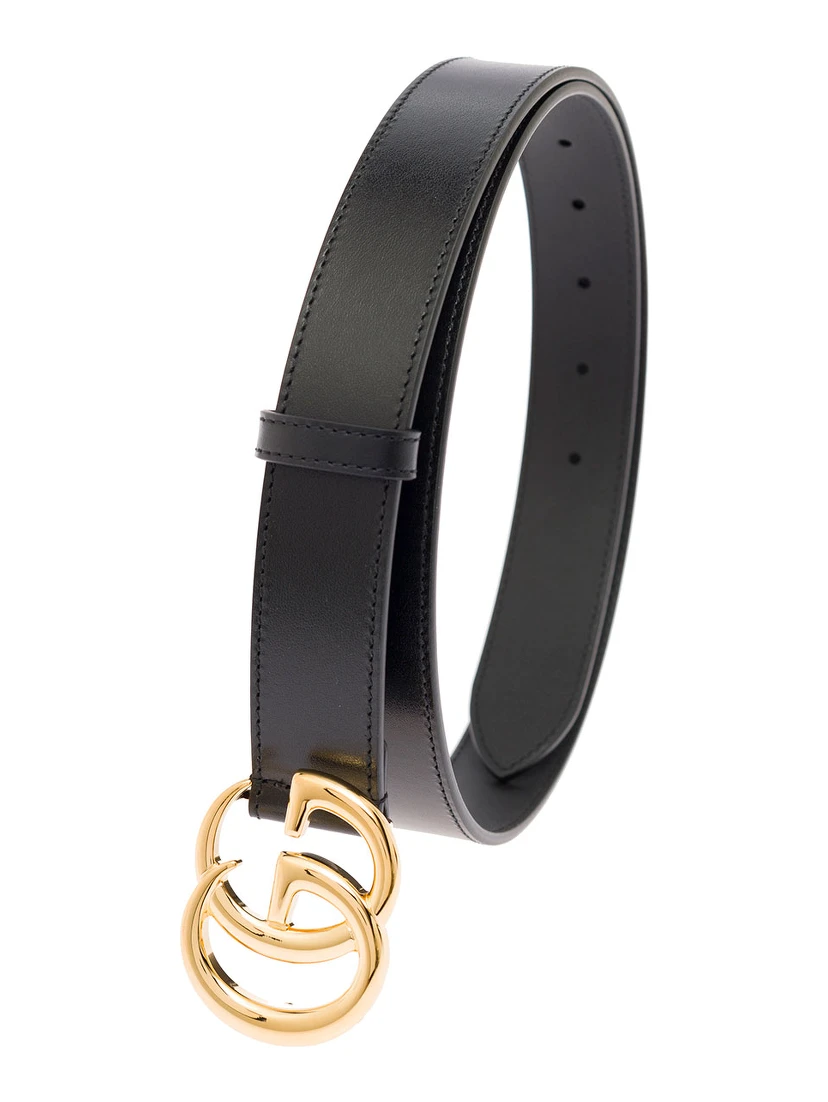 Gucci Mans Black Leather Belt with GG Golden Metal Buckle