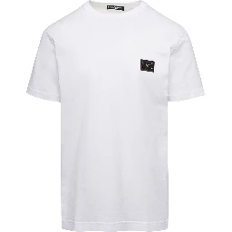 White Crewneck T-Shirt with Logo Plate in Cotton Man