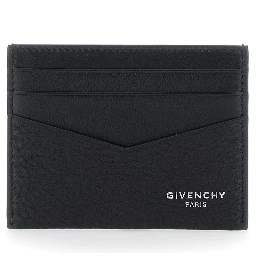 Black Card Holder with V Detail and Logo Lettering on the Front in Leather Man