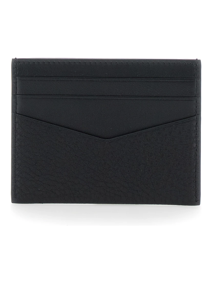 Black Card Holder with V Detail and Logo Lettering on the Front in Leather Man