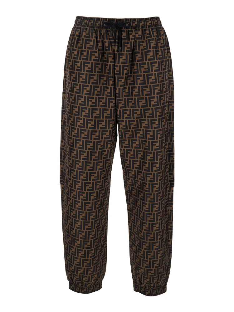 Brown Pants with All-Over FF Motif and Elastic Waist in Tech Fabric Man