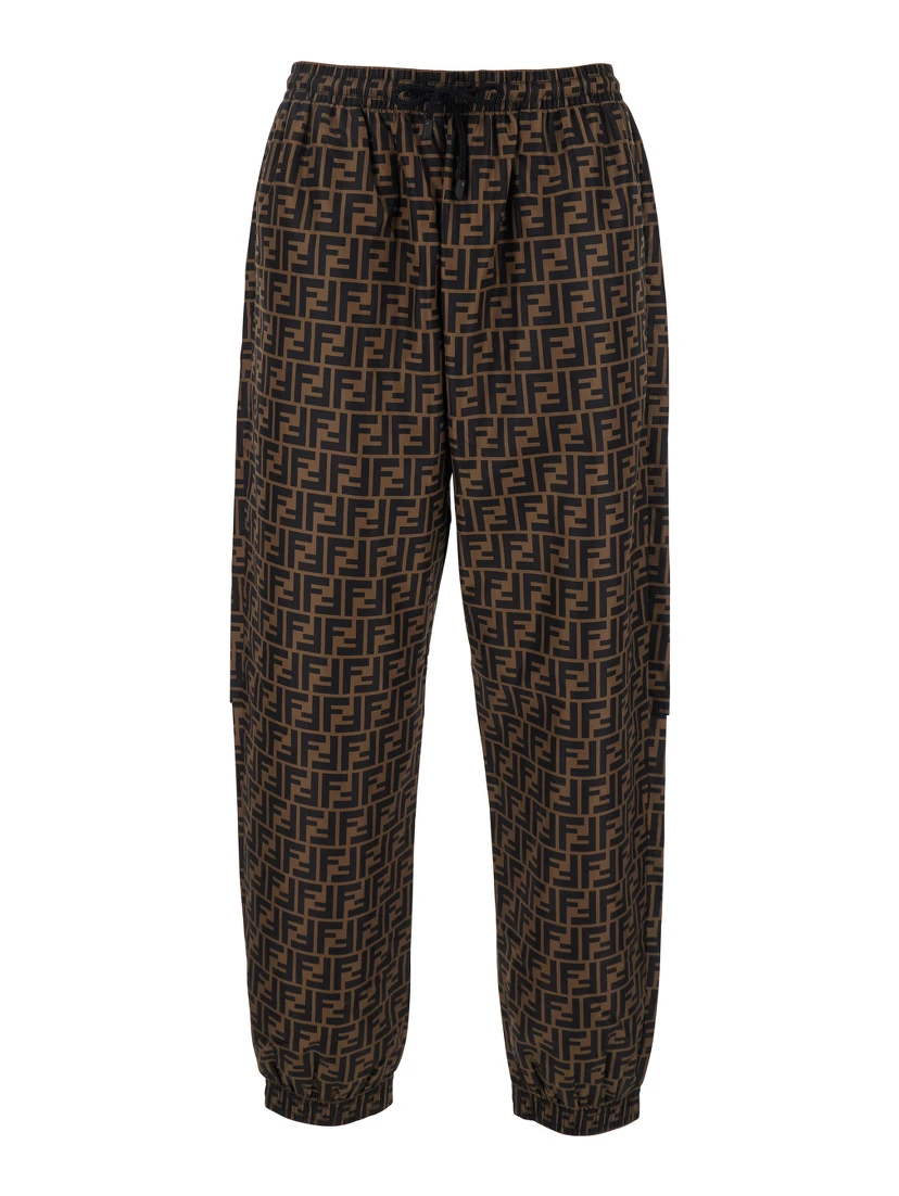 Brown Pants with All-Over FF Motif and Elastic Waist in Tech Fabric Man