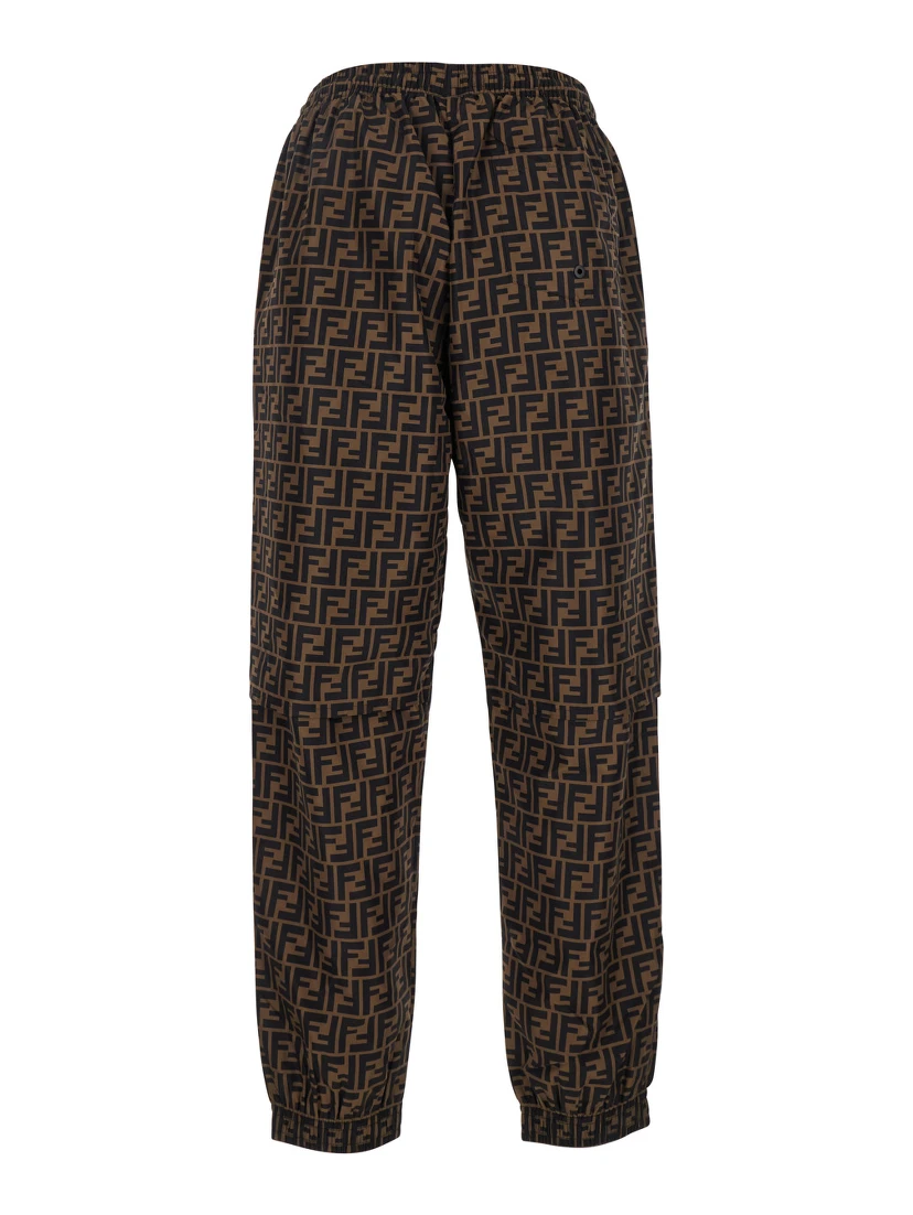 Brown Pants with All-Over FF Motif and Elastic Waist in Tech Fabric Man
