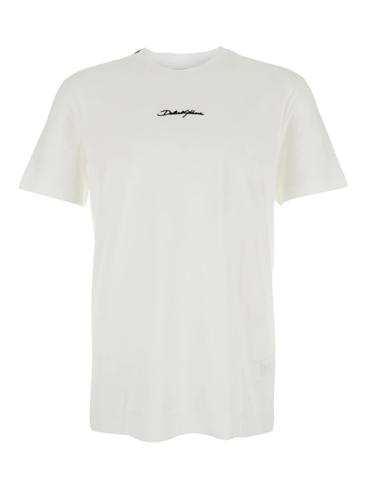 White Crewneck T-Shirt with Signature Logo in Cotton Man
