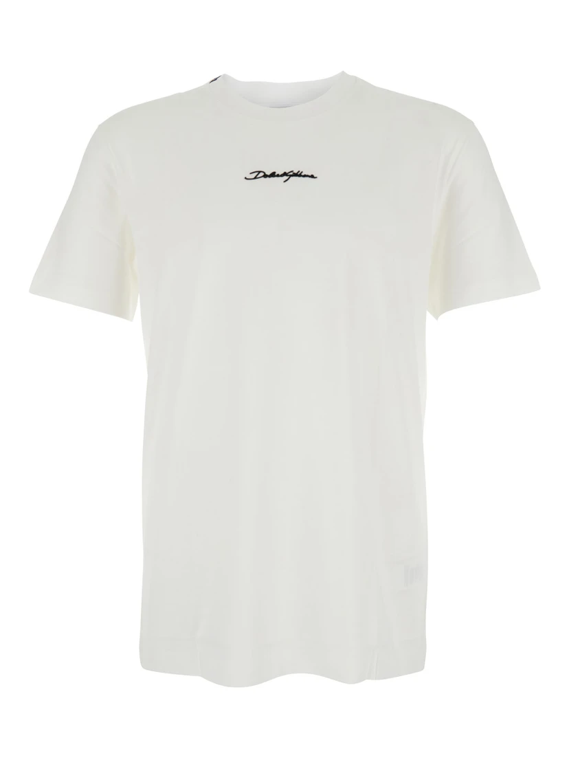 White Crewneck T-Shirt with Signature Logo in Cotton Man