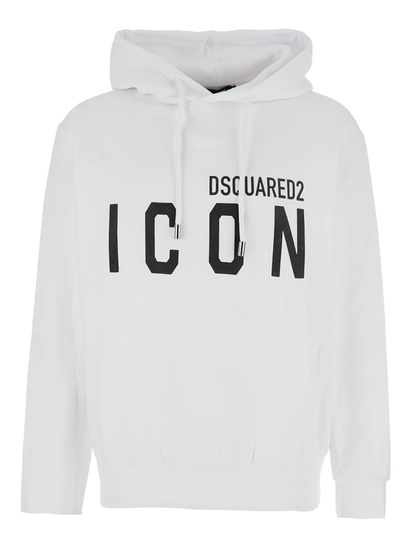 White Hoodie with Logo Print on the Front in Cotton Man