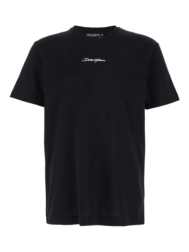 Black Crewneck T-Shirt with Signature Logo in Cotton Man