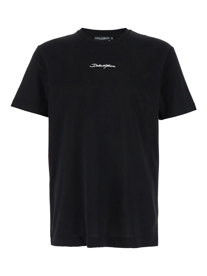 Black Crewneck T-Shirt with Signature Logo in Cotton Man