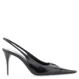 Babylone Black Slingback Pumps with Cut-Out Toe with Cassandre Plaque and High Stiletto Heel in Leather Woman