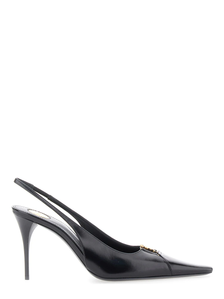 Babylone Black Slingback Pumps with Cut-Out Toe with Cassandre Plaque and High Stiletto Heel in Leather Woman