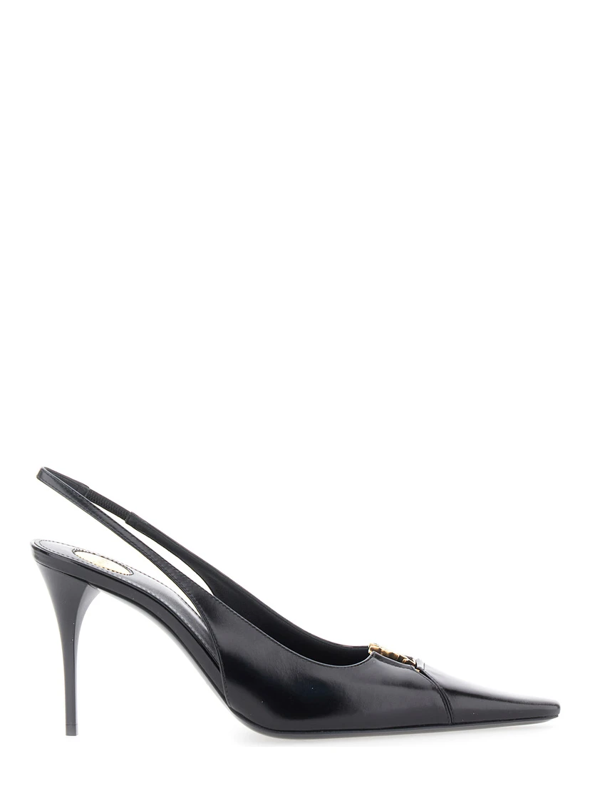 Babylone Black Slingback Pumps with Cut-Out Toe with Cassandre Plaque and High Stiletto Heel in Leather Woman
