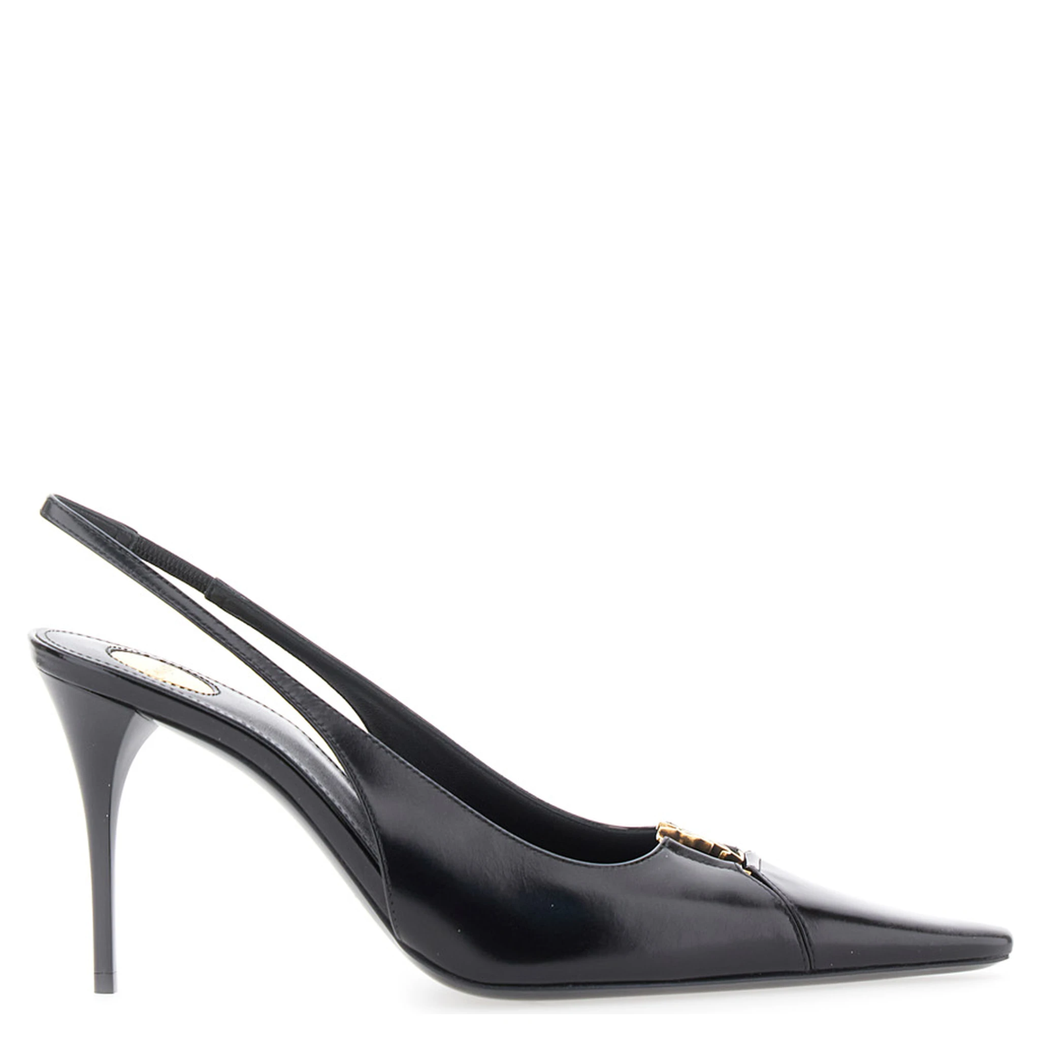 Babylone Black Slingback Pumps with Cut-Out Toe with Cassandre Plaque and High Stiletto Heel in Leather Woman
