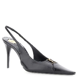 Babylone Black Slingback Pumps with Cut-Out Toe with Cassandre Plaque and High Stiletto Heel in Leather Woman