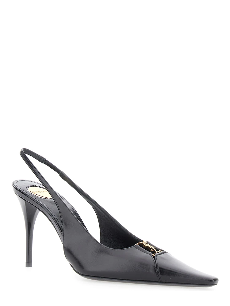Babylone Black Slingback Pumps with Cut-Out Toe with Cassandre Plaque and High Stiletto Heel in Leather Woman alternative