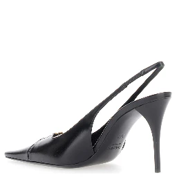 Babylone Black Slingback Pumps with Cut-Out Toe with Cassandre Plaque and High Stiletto Heel in Leather Woman