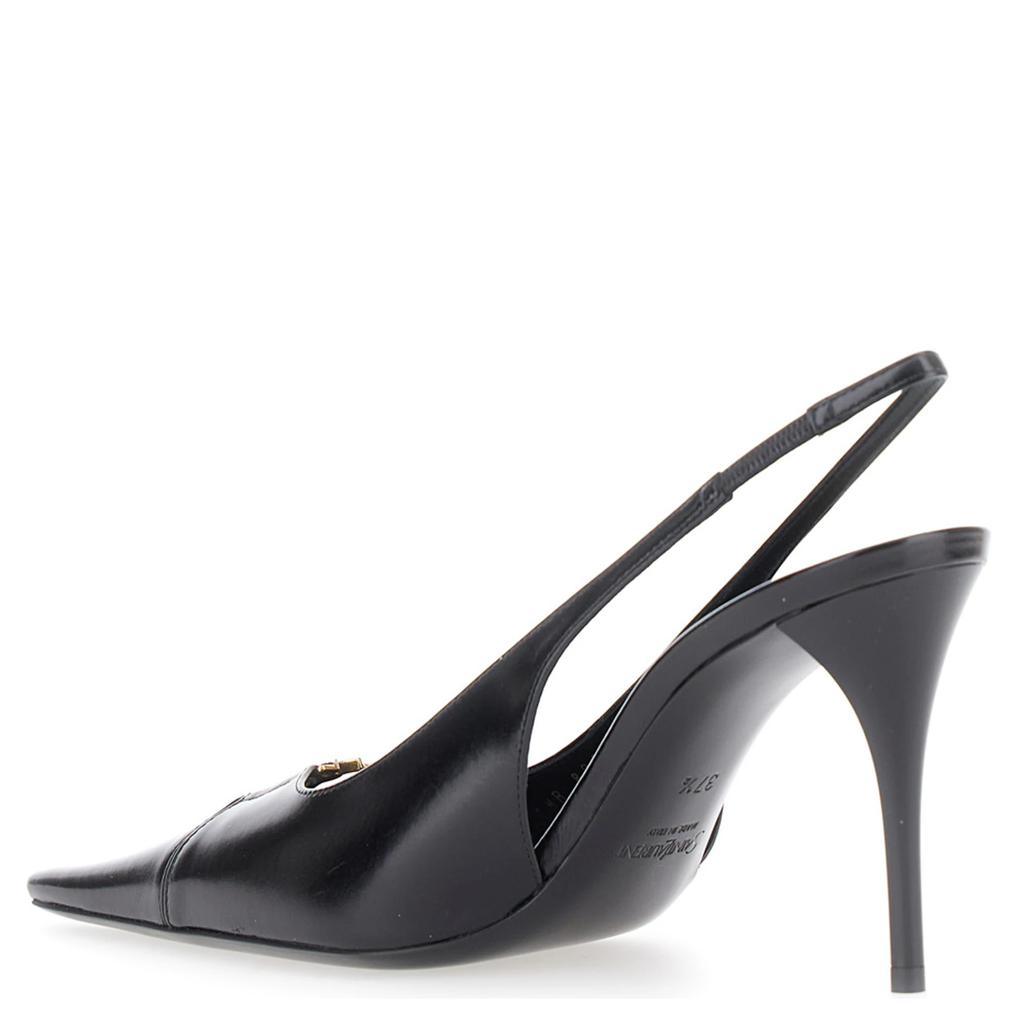 Babylone Black Slingback Pumps with Cut-Out Toe with Cassandre Plaque and High Stiletto Heel in Leather Woman