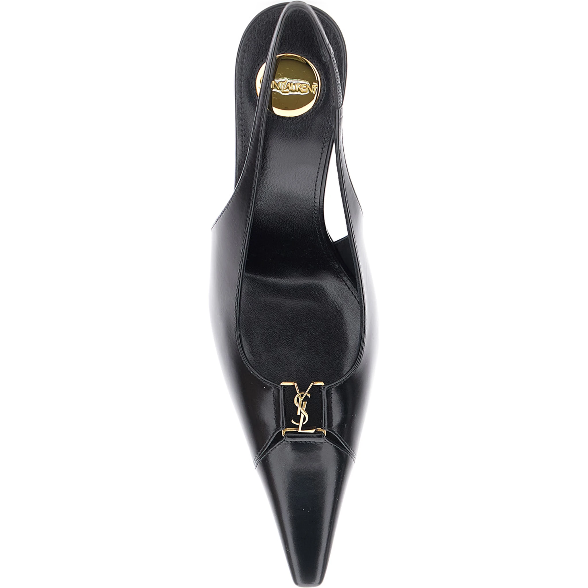 Babylone Black Slingback Pumps with Cut-Out Toe with Cassandre Plaque and High Stiletto Heel in Leather Woman