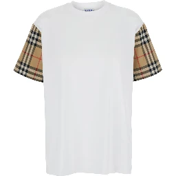 White T-Shirt with Vintage Check Motif on the Sleeves in Cotton Woman