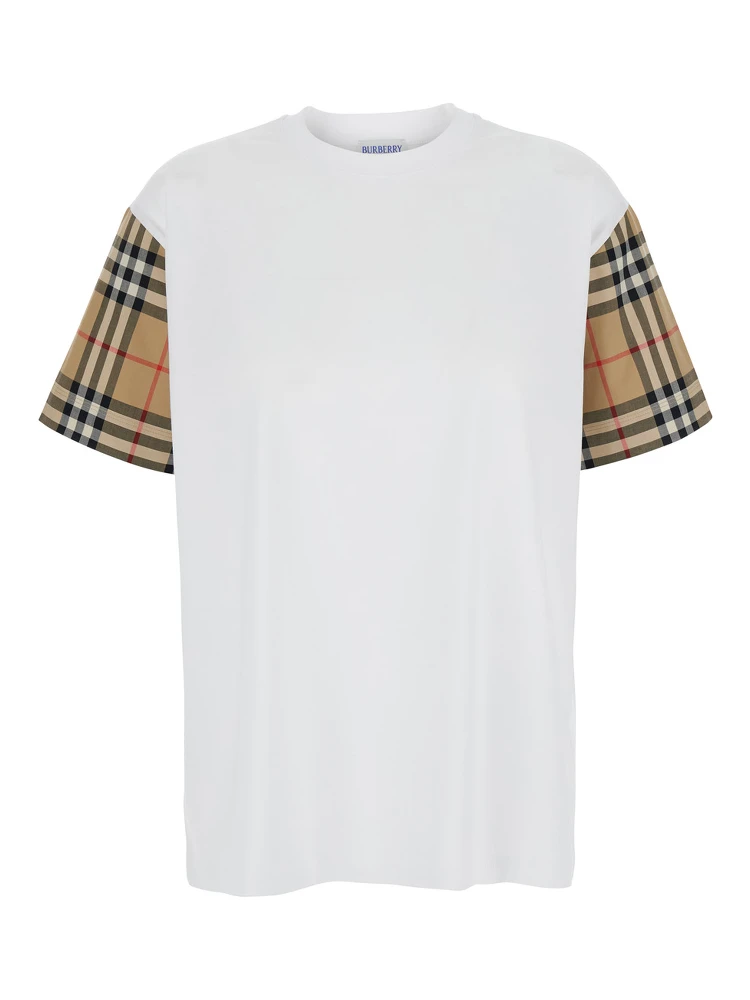 White T-Shirt with Vintage Check Motif on the Sleeves in Cotton Woman