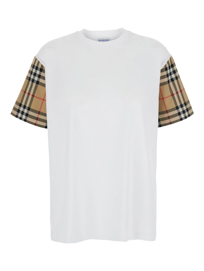 White T-Shirt with Vintage Check Motif on the Sleeves in Cotton Woman