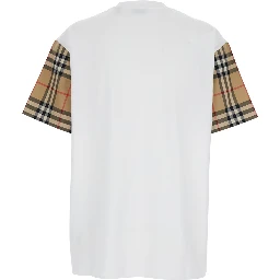 White T-Shirt with Vintage Check Motif on the Sleeves in Cotton Woman