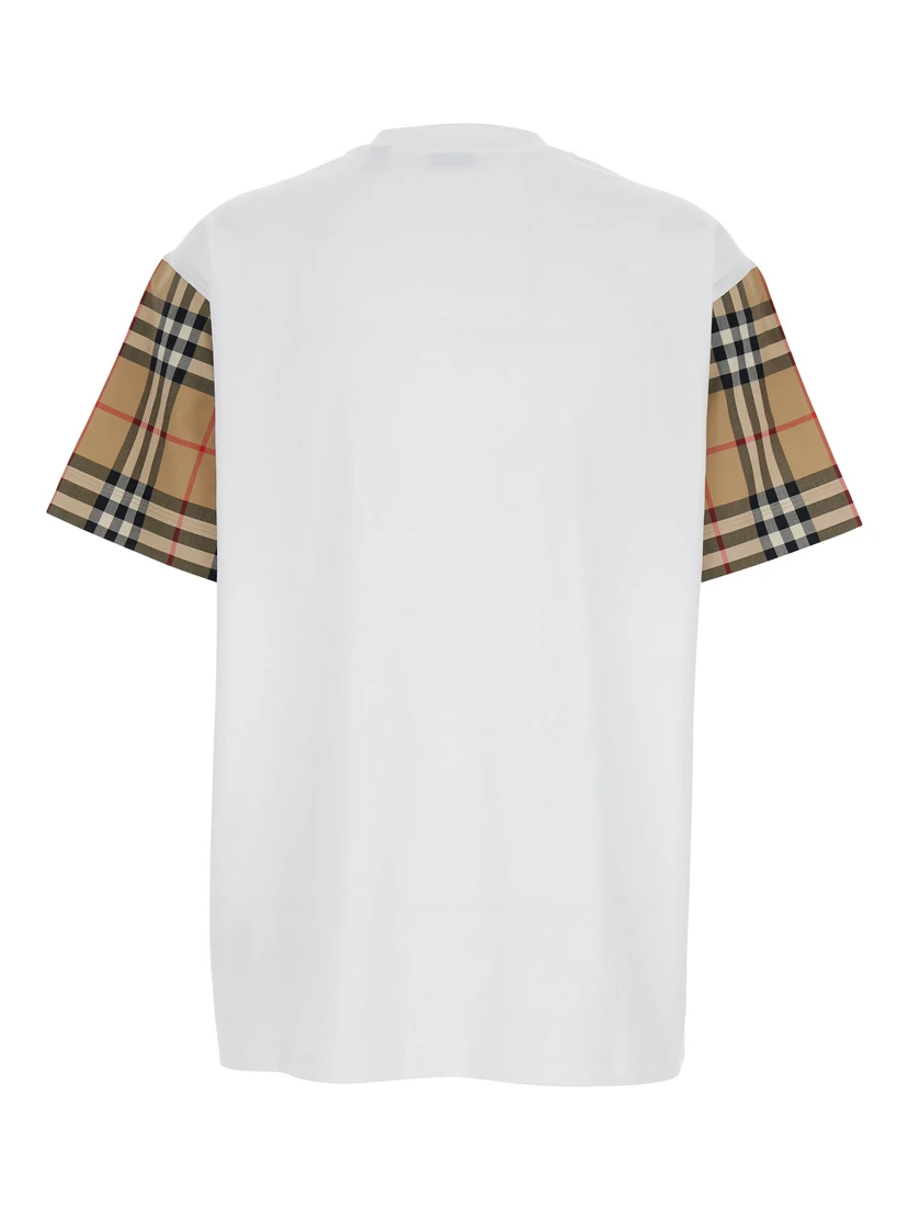 White T-Shirt with Vintage Check Motif on the Sleeves in Cotton Woman