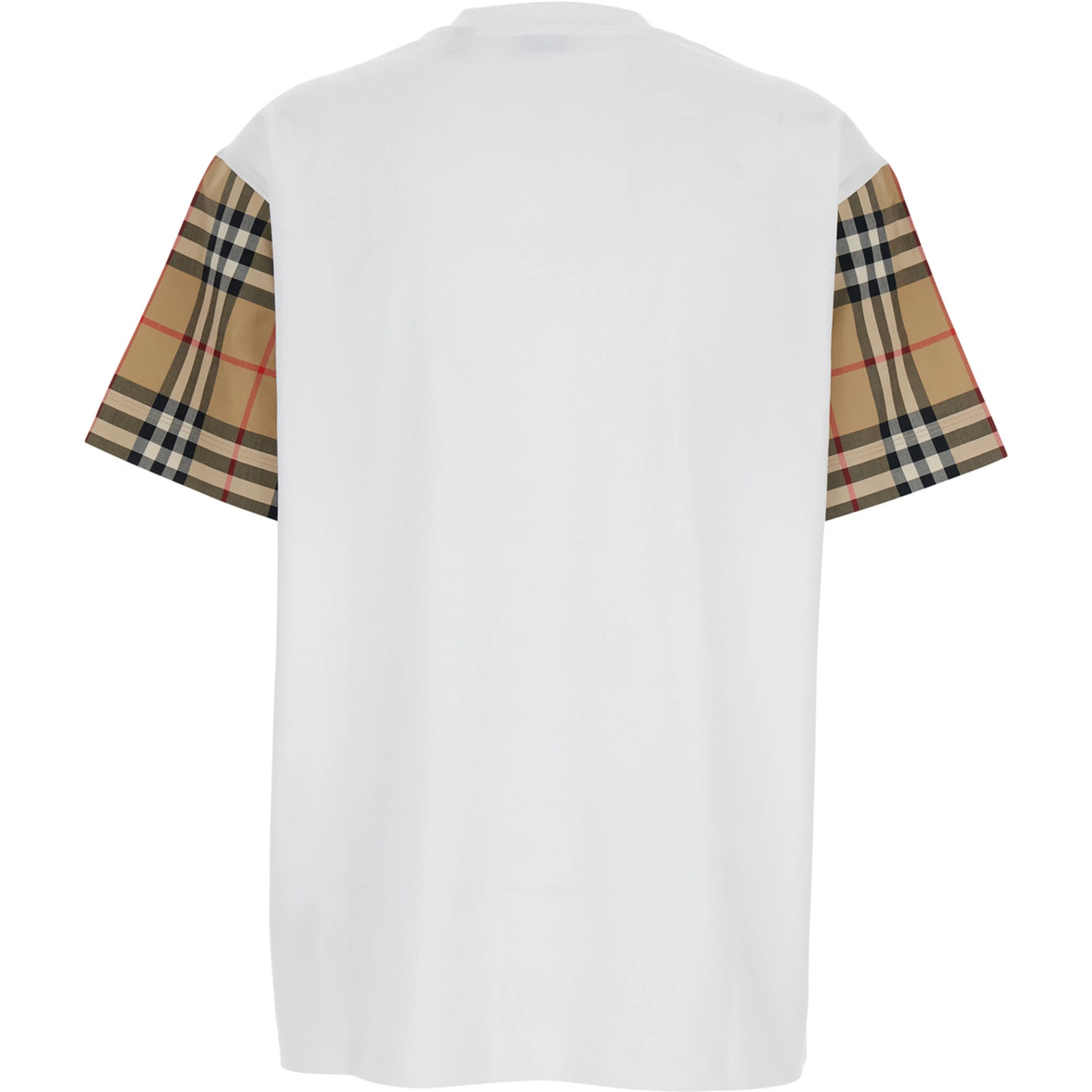 White T-Shirt with Vintage Check Motif on the Sleeves in Cotton Woman