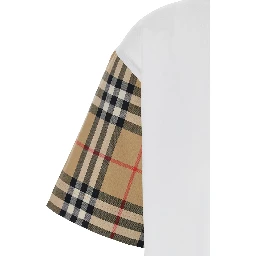 White T-Shirt with Vintage Check Motif on the Sleeves in Cotton Woman