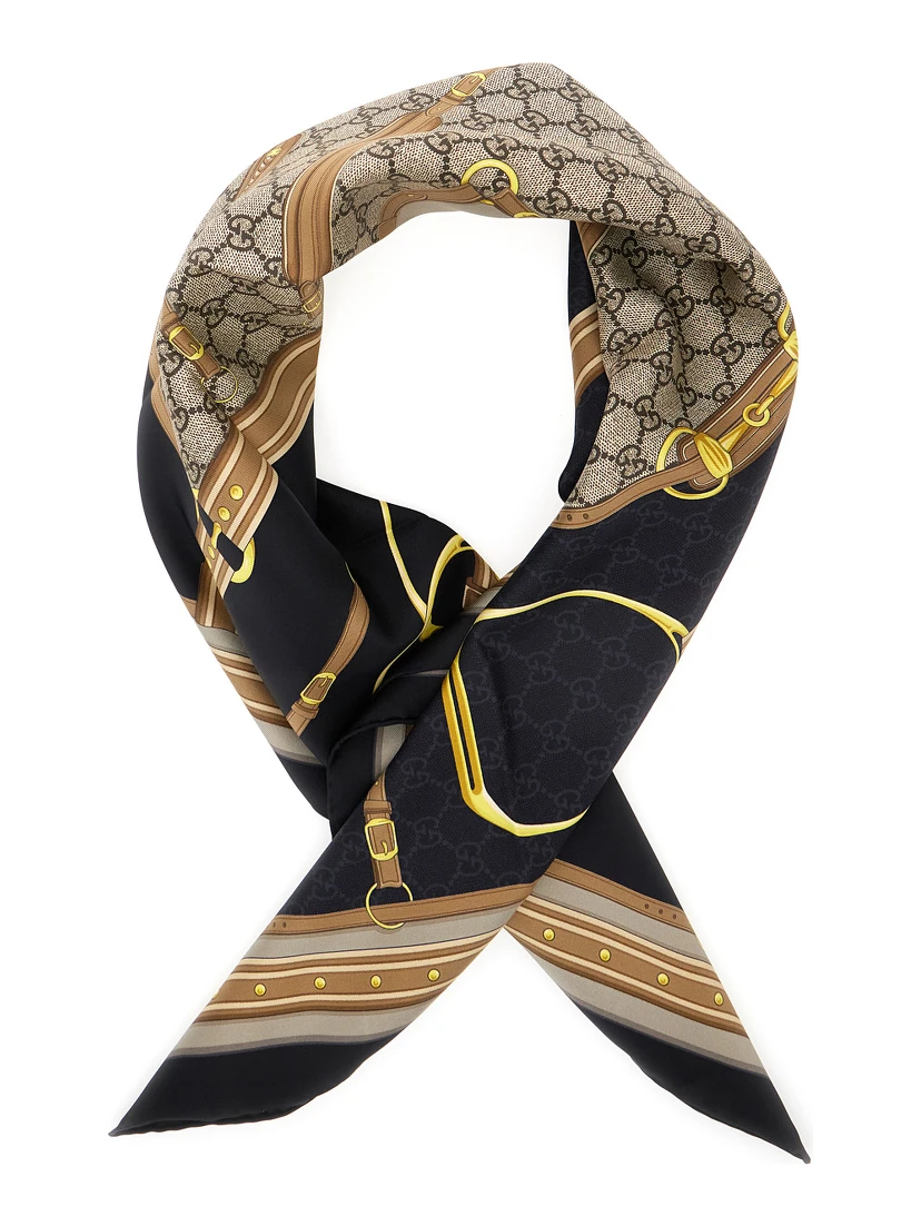 Multicolor Scarf with Bracket, Clamp and GG All-Over in Silk Woman